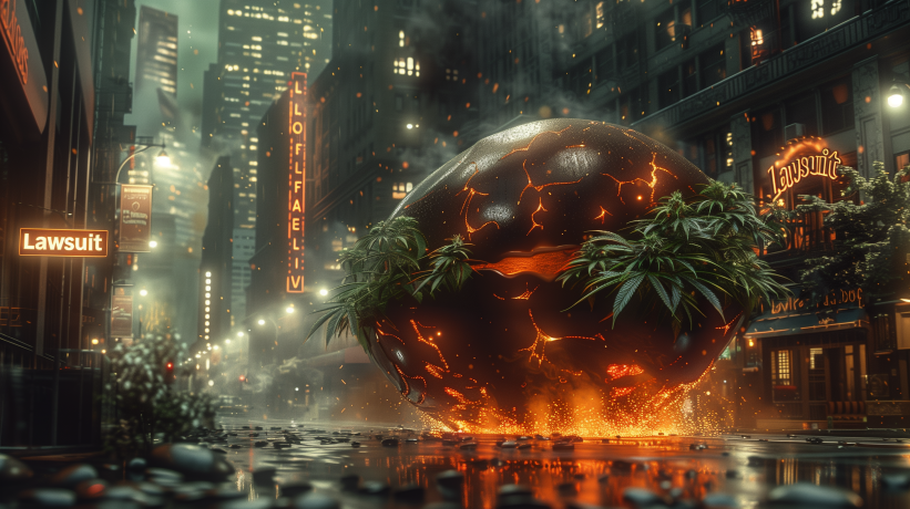 Glowing cannabis-like sphere in urban nightscape with lawsuit signs