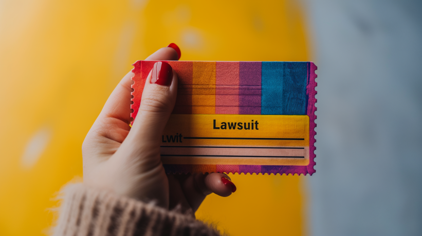 Hand holding a colorful ticket stub with "Lawsuit" printed on it