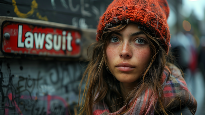 Young woman in front of lawsuit graffiti