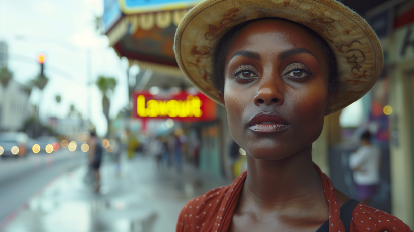 Woman in hat with lawsuit sign in background