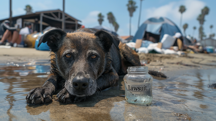 Dog lying next to a lawsuit jar on the beach