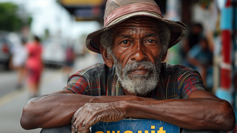 Elderly man with a plaid shirt and lawsuit sign