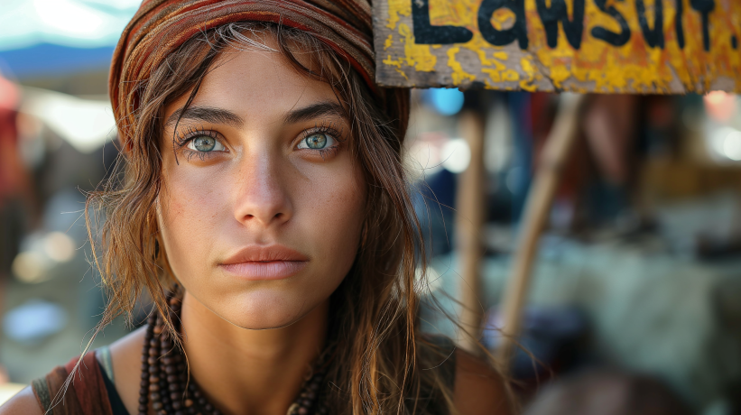 Young woman in front of lawsuit sign