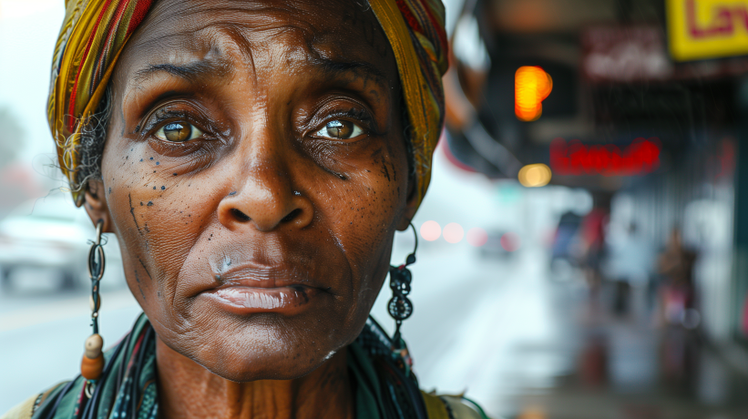 Elderly woman with colorful headscarf and lawsuit sign