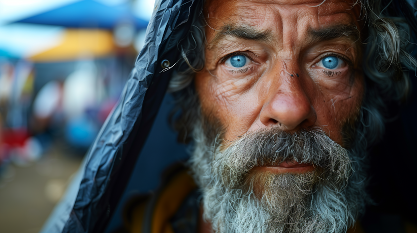 Elderly man with blue eyes and lawsuit background