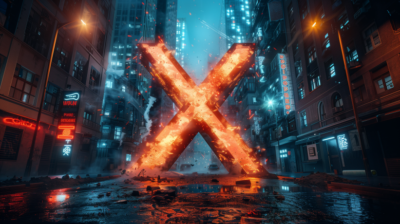 Glowing "X" mark amidst city ruins at night