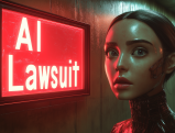 AI-generated humanoid face next to glowing "AI Lawsuit" sign