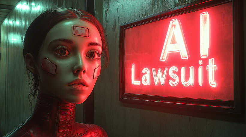  AI-generated humanoid face next to red glowing "AI Lawsuit" sign