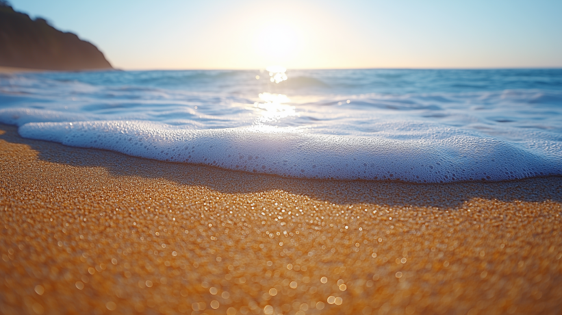 Sunlit waves lapping at Broad Beach shore with cliffs in background