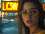 Woman wearing glasses with LCSW sign in background