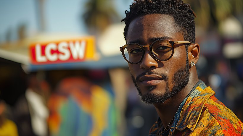 Man with glasses and colorful shirt in front of LCSW sign