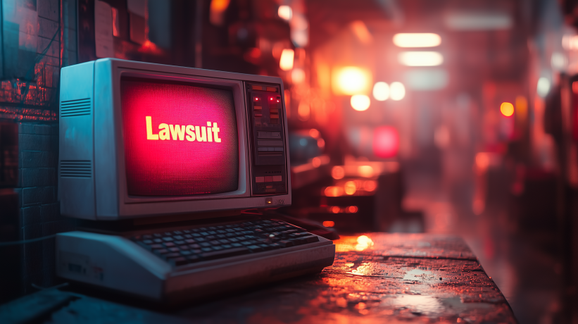 Retro TV displaying "Lawsuit" in neon cityscape