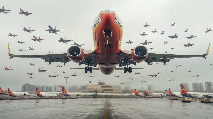  Orange airplane labeled "Lawsuit" taking off with multiple planes in background