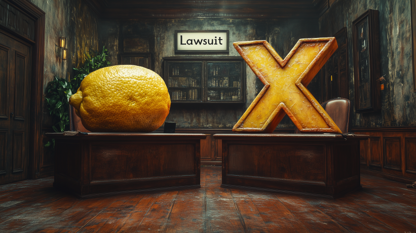 Giant lemon and X logo in courtroom setting with "Lawsuit" sign