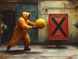 Person in yellow hazmat suit holding giant lemon near "Lawsuit X" sign