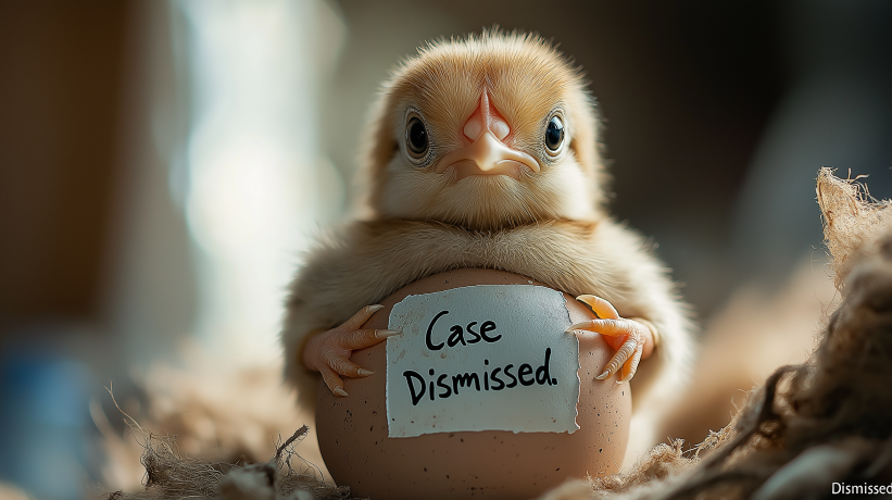 Chick sitting in eggshell holding "Case Dismissed" sign