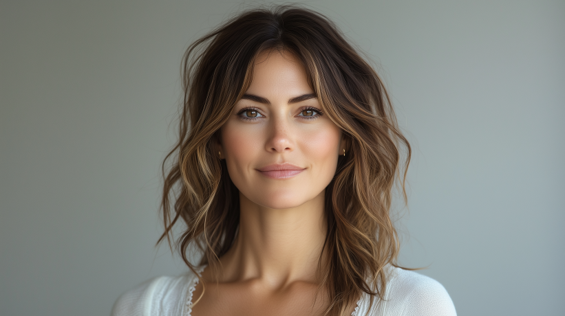 Smiling woman with wavy brown hair in white top