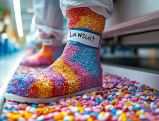 Foot covered in colorful sprinkles with "Lawsuit" label in Museum of Ice Cream