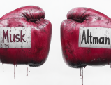 Elon Musk and Sam Altman depicted as boxers in a ring, symbolizing their legal battle over AI.