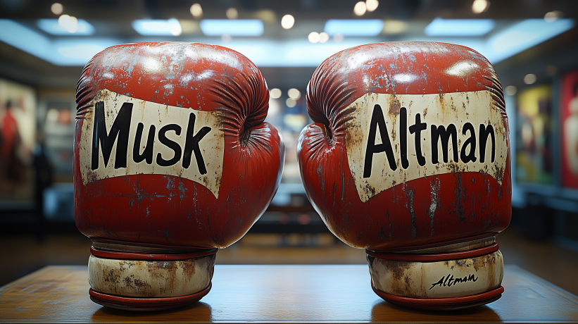 Vintage boxing gloves labeled "Musk" and "Altman" on a wooden table, symbolizing their legal conflict over AI.