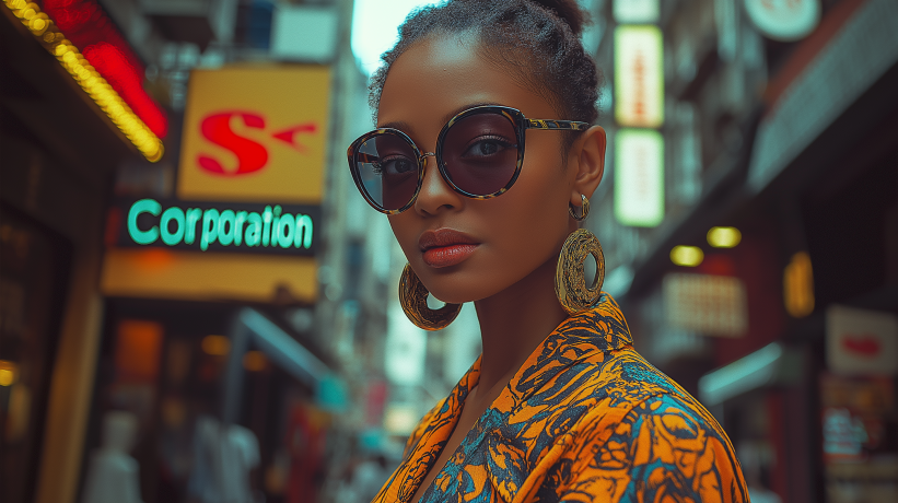 Woman in sunglasses with S Corporation sign in background