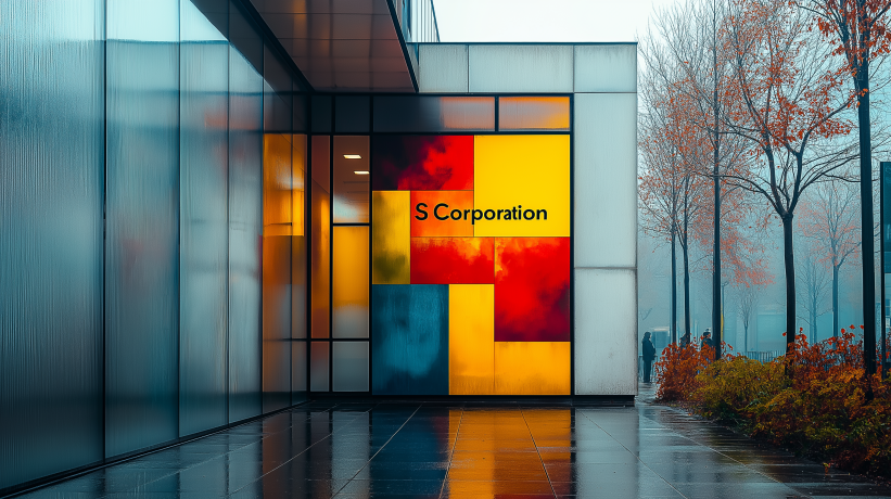 S Corporation building exterior with colorful signage