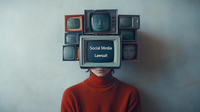  Woman's face obscured by vintage TVs showing "Social Media Lawsuit"