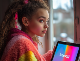 Young girl looking at tablet with "Lawsuit" displayed on screen