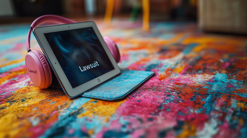 Tablet and headphones on colorful rug displaying "Lawsuit"