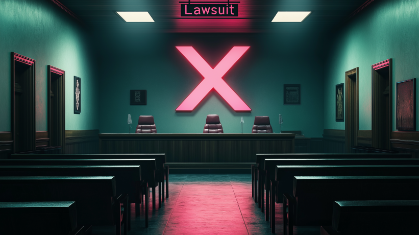 Empty courtroom with neon X sign and "Lawsuit" text