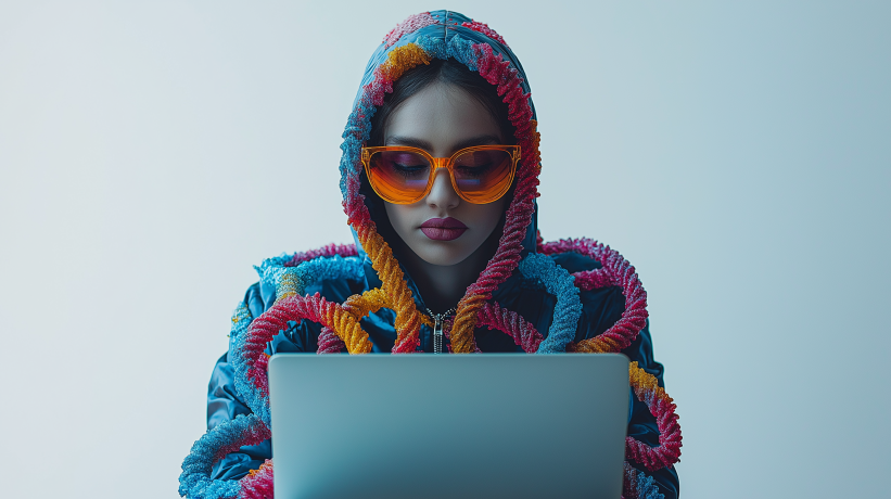 Colorful abstract representation of a hacker using a laptop