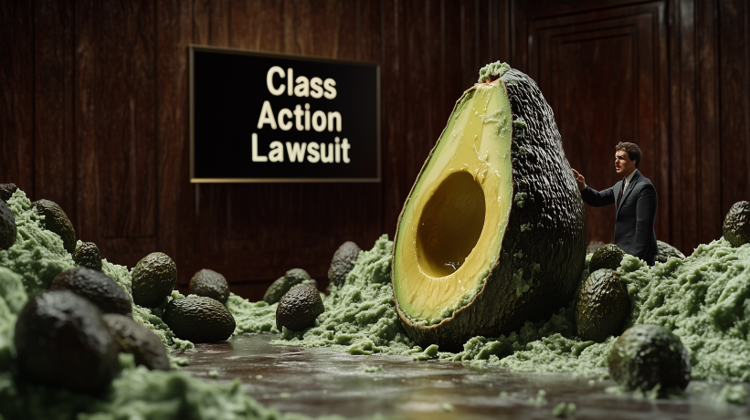 Oversized avocado half and man in suit in courtroom with "Class Action Lawsuit" sign