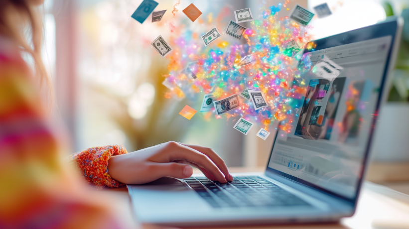 Hands typing on laptop with colorful money and data symbols