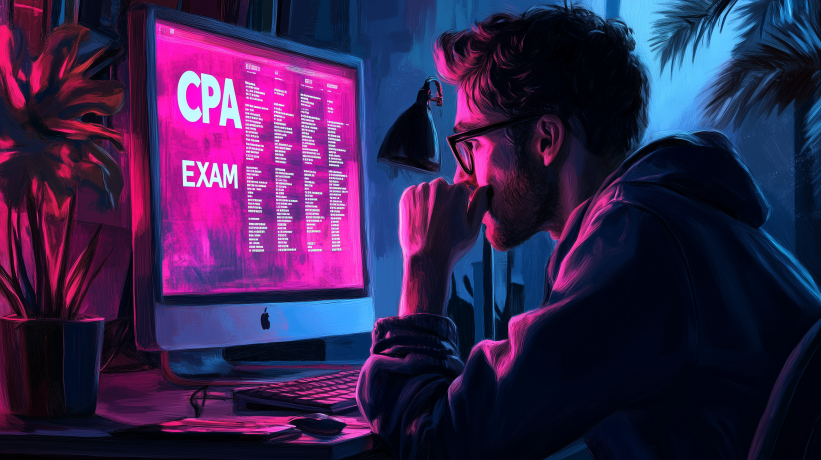 CPA candidate reviewing extensive exam content on computer screen