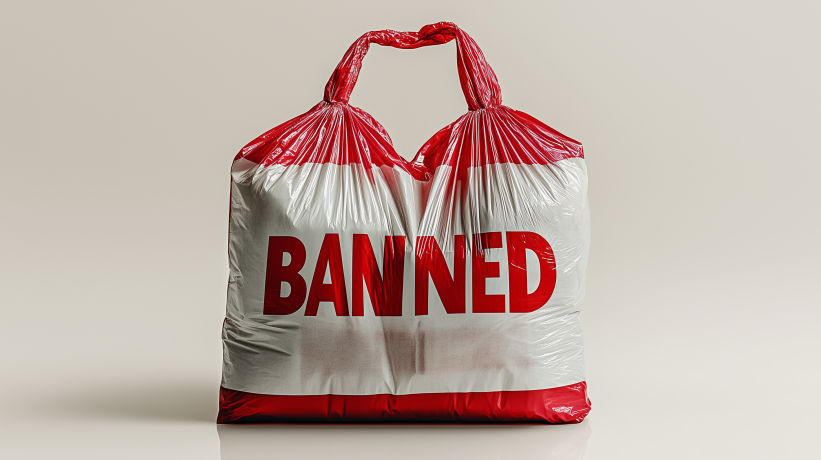 Red and white plastic bag with "BANNED" text illustrating California's expanded plastic bag ban