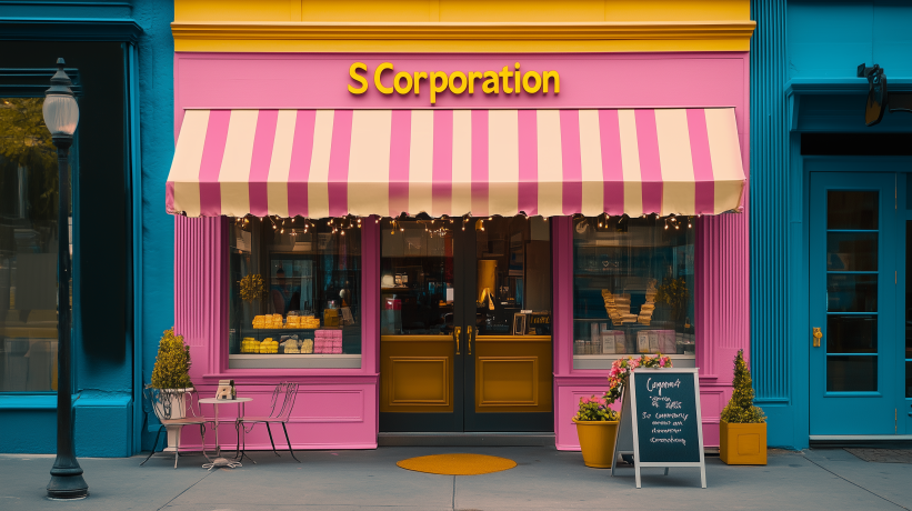  Pink and blue S Corporation storefront with striped awning