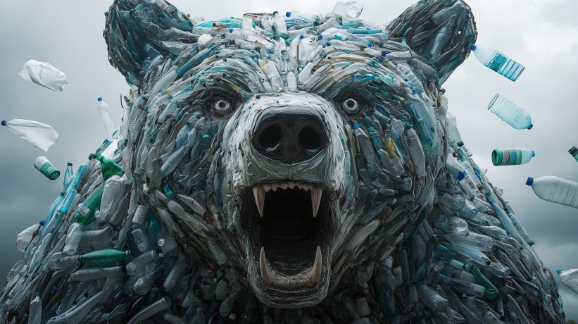 Menacing California bear sculpture crafted from plastic bottles and debris