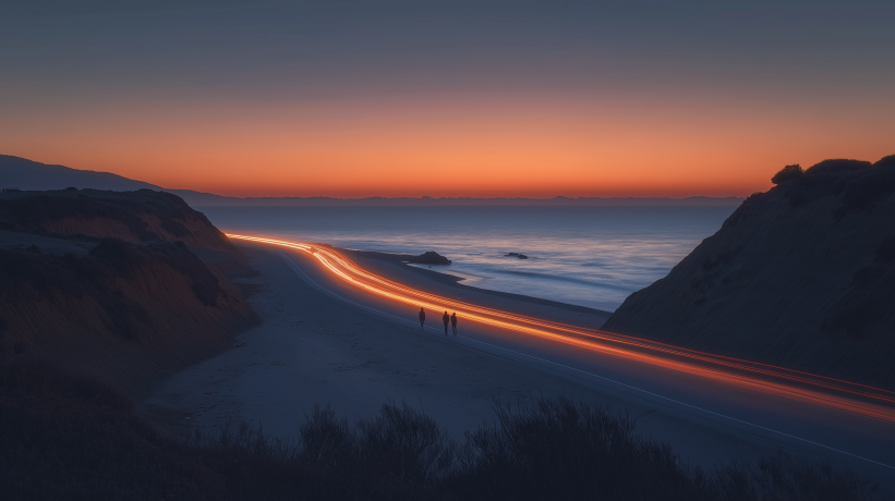 Aerial view of Pacific Coast Highway's dangerous curve in Malibu at sunset