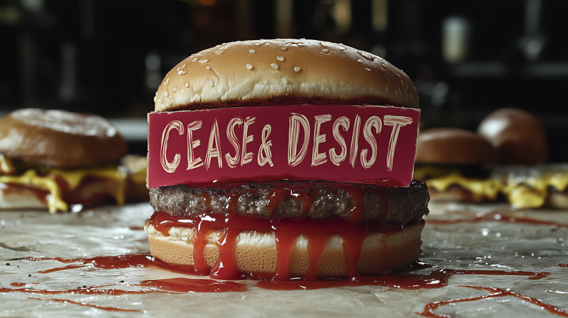 Burger with "Cease & Desist" text on red banner