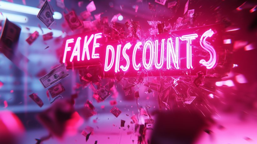 Glowing pink "FAKE DISCOUNTS" text shattering with dollar bills