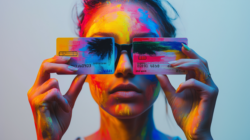 Woman holding colorful credit cards over eyes, face painted with vibrant colors