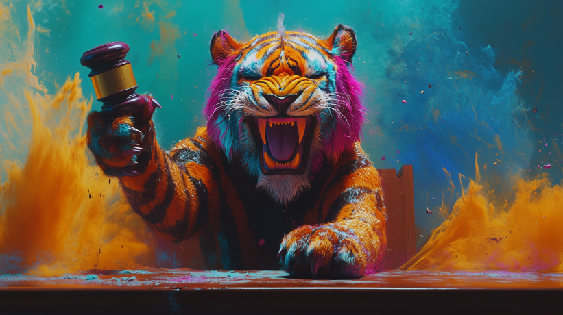 Fierce tiger with judge's gavel representing Beast Games lawsuit