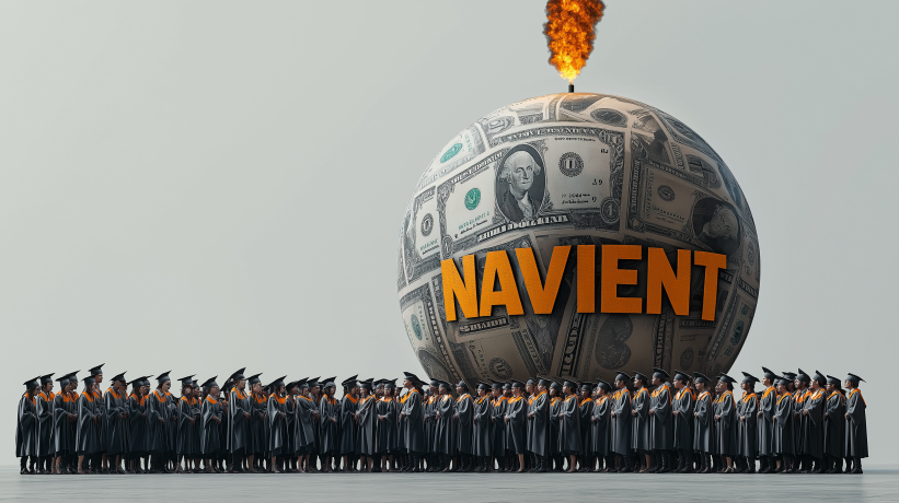 Navient money bomb with graduates in front