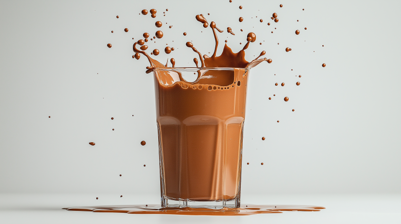 Glass of chocolate protein shake with a large splash and spill