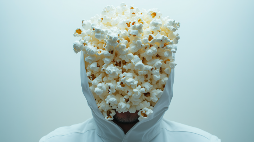 SkinnyPop popcorn bag overflowing person's face in artistic representation