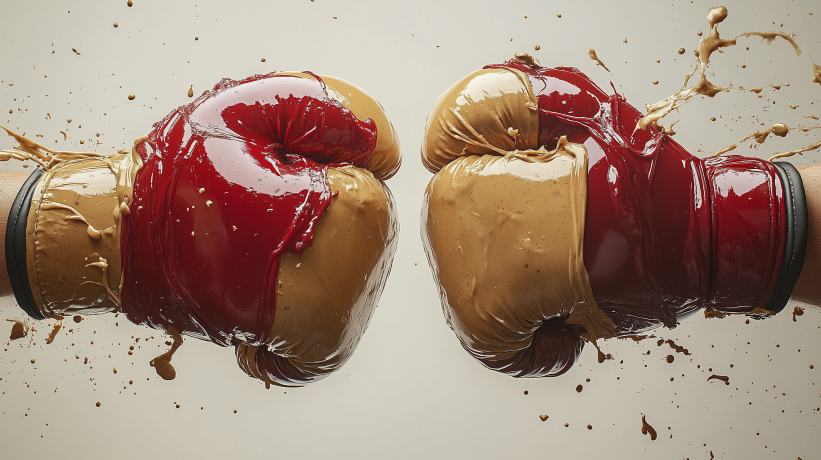 Boxing glove-shaped crustless sandwiches facing off