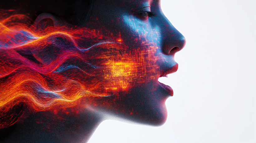 Close-up of person's face with fiery digital effects and voice wave