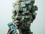 Face made of dollar bills holding smartphone showing money concept