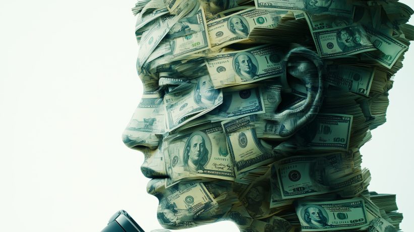 Profile view of face made from hundred dollar bills