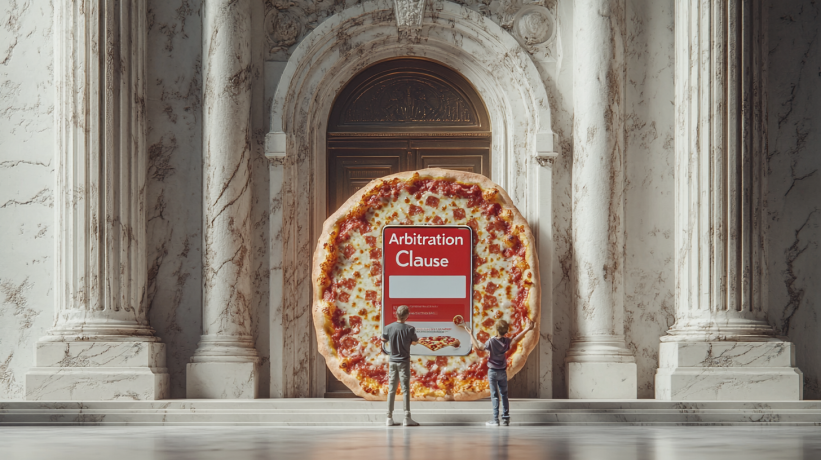 Arbitration clause on pizza blocking courthouse entrance